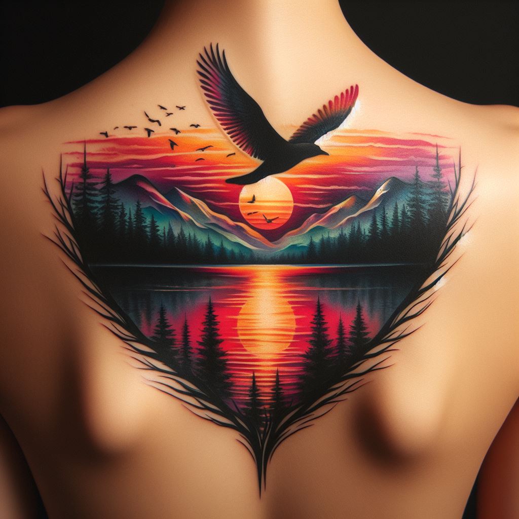 A back shoulder tattoo in vibrant colors, showing a serene landscape within a silhouette of a bird in flight. The landscape should depict a sunset over a calm lake, with mountains in the distance, representing freedom and the journey of the soul. The bird's wings should be detailed and spread wide, touching the very essence of peace and departure.