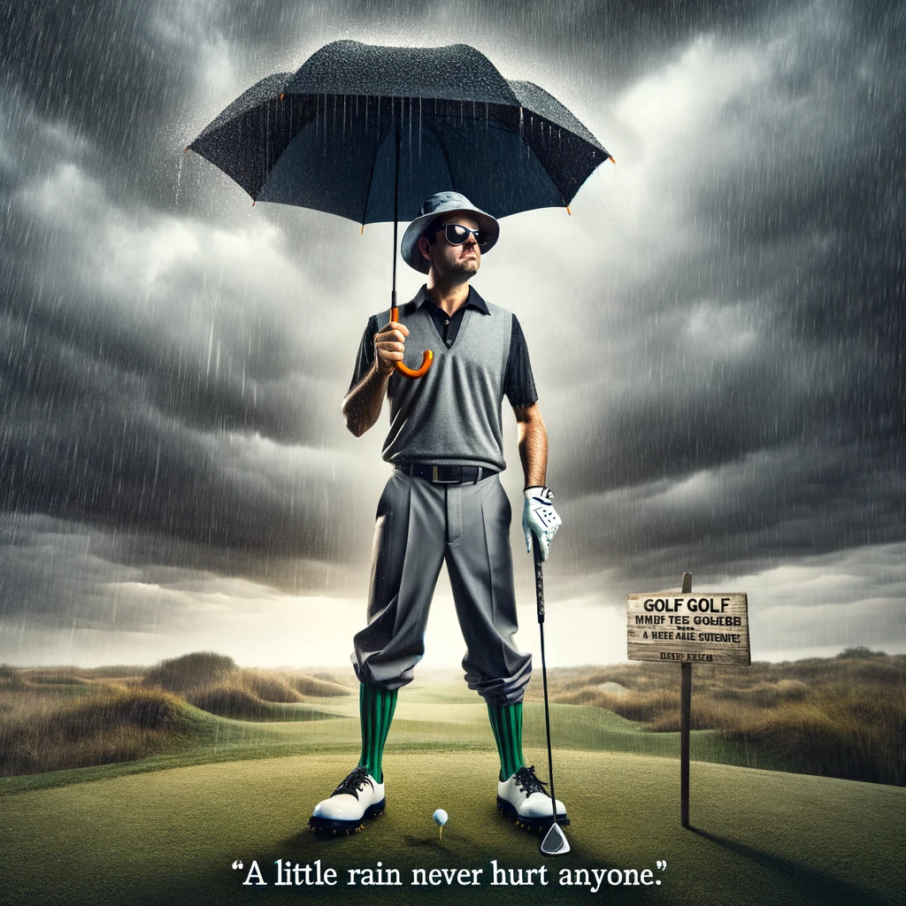 A golfer wearing rain gear, holding an umbrella in one hand and a golf club in the other, stands defiantly under dark storm clouds, ready to face the elements. This humorous depiction highlights the golfer's unwavering determination to play, despite the impending bad weather, captioned: "A little rain never hurt anyone." The image captures the golfer's optimistic spirit, with a backdrop that suggests a challenging yet humorous confrontation with nature.