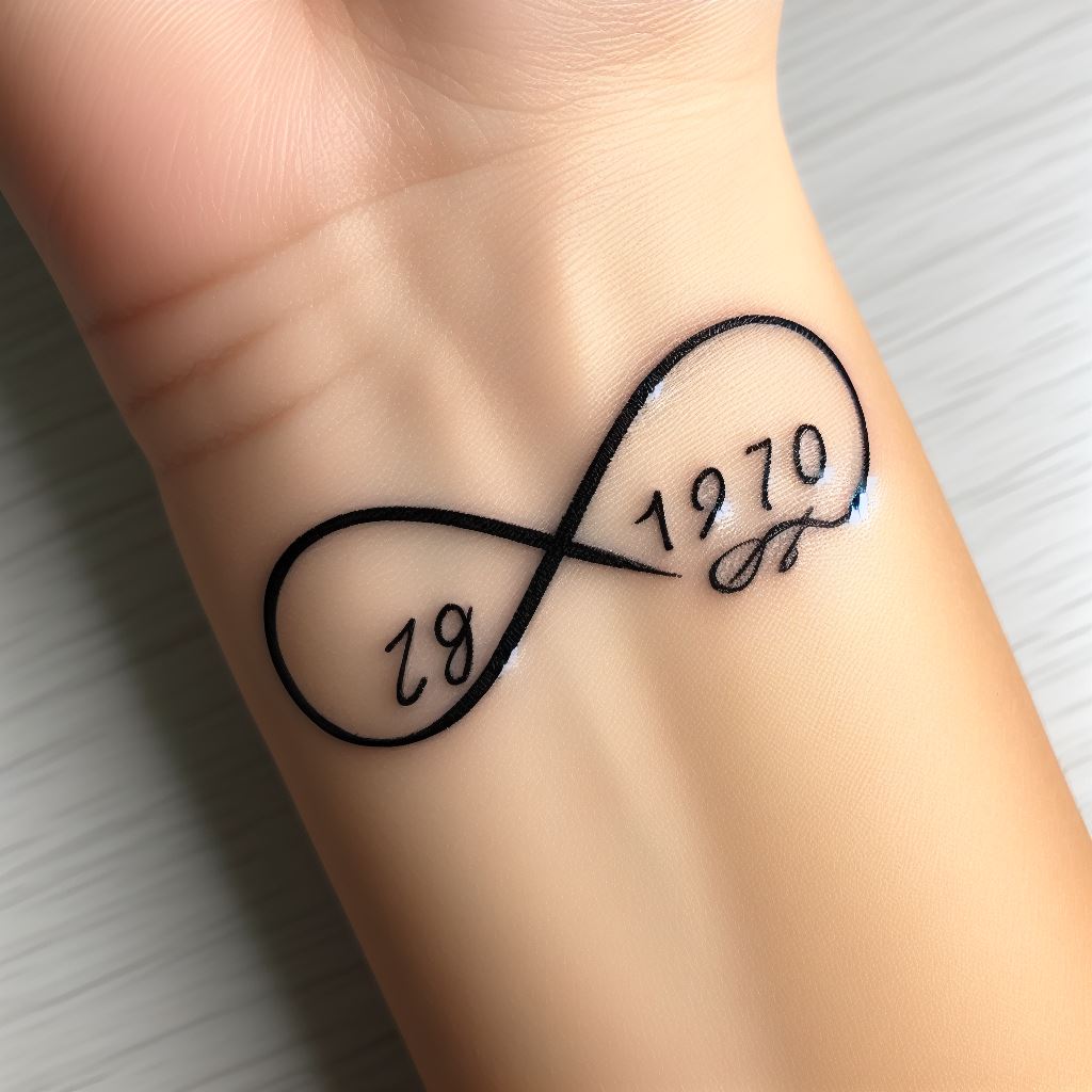 A simple yet profound tattoo on a wrist, featuring a small, black ink infinity symbol intertwined with two dates in elegant script. The infinity symbol represents eternal memory, and the dates commemorate the birth and passing of a loved one. The tattoo should be minimalistic, with clean lines and clear numbers.