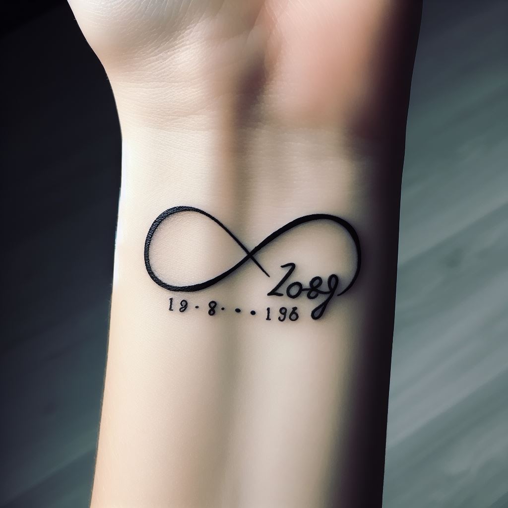 A simple yet profound tattoo on a wrist, featuring a small, black ink infinity symbol intertwined with two dates in elegant script. The infinity symbol represents eternal memory, and the dates commemorate the birth and passing of a loved one. The tattoo should be minimalistic, with clean lines and clear numbers.