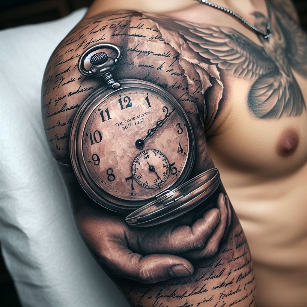 An upper arm tattoo, showcasing a detailed, photorealistic pocket watch with its hands fixed on a significant time, overlaid on a background of faded, old paper with handwritten notes. The pocket watch symbolizes the moment a loved one was remembered, and the notes in the background should be barely legible, adding a layer of personal memory and nostalgia.