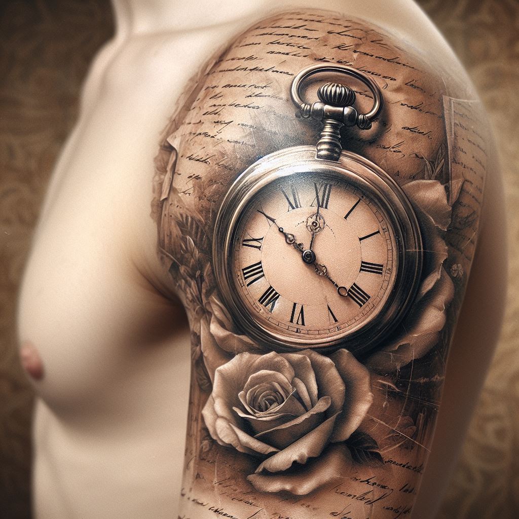 An upper arm tattoo, showcasing a detailed, photorealistic pocket watch with its hands fixed on a significant time, overlaid on a background of faded, old paper with handwritten notes. The pocket watch symbolizes the moment a loved one was remembered, and the notes in the background should be barely legible, adding a layer of personal memory and nostalgia.