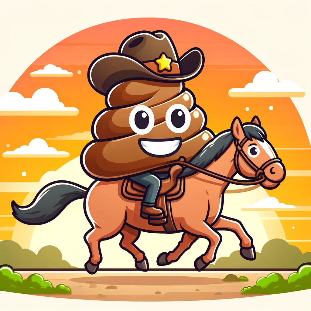 A cartoon image of a smiling poop emoji wearing a cowboy hat, riding a horse. Caption: 'Riding off into the sunset.'