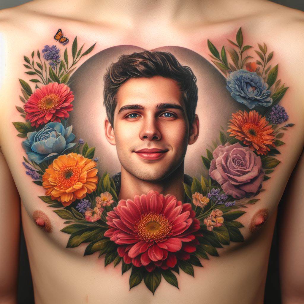A heartwarming chest tattoo featuring a realistic portrait of a loved one, surrounded by a floral wreath that includes their favorite flowers. Each flower should be vividly colored and detailed, symbolizing the unique qualities they possessed. The portrait should capture the essence of the loved one's spirit, with a gentle smile that reflects their warmth and kindness. The background should subtly fade into the skin, focusing all attention on the portrait and floral tribute.