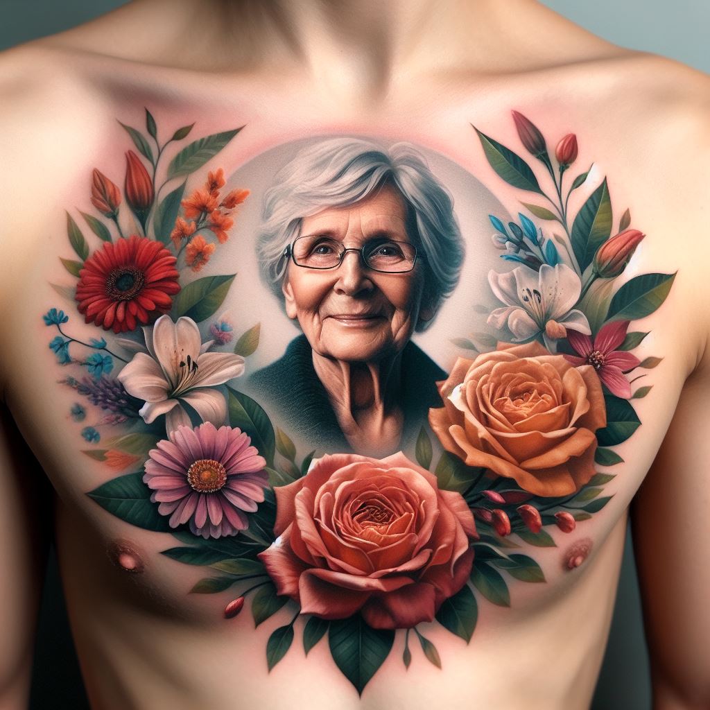A heartwarming chest tattoo featuring a realistic portrait of a loved one, surrounded by a floral wreath that includes their favorite flowers. Each flower should be vividly colored and detailed, symbolizing the unique qualities they possessed. The portrait should capture the essence of the loved one's spirit, with a gentle smile that reflects their warmth and kindness. The background should subtly fade into the skin, focusing all attention on the portrait and floral tribute.