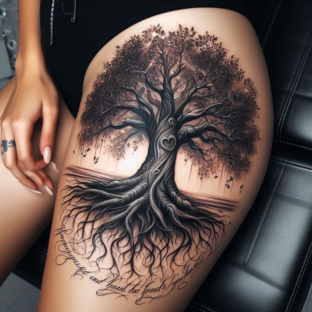 A large, captivating tattoo on a thigh, showcasing a majestic tree with roots and branches that intertwine to form the initials of a loved one. The tree should stand tall and strong, with leaves fluttering in an unseen breeze, symbolizing the everlasting impact of the loved one's life. Around the base of the tree, incorporate a quote in elegant script that offers comfort or reflects the loved one's philosophy. The tattoo should blend seamlessly into the skin, with the tree's presence offering a constant sense of support and connection.