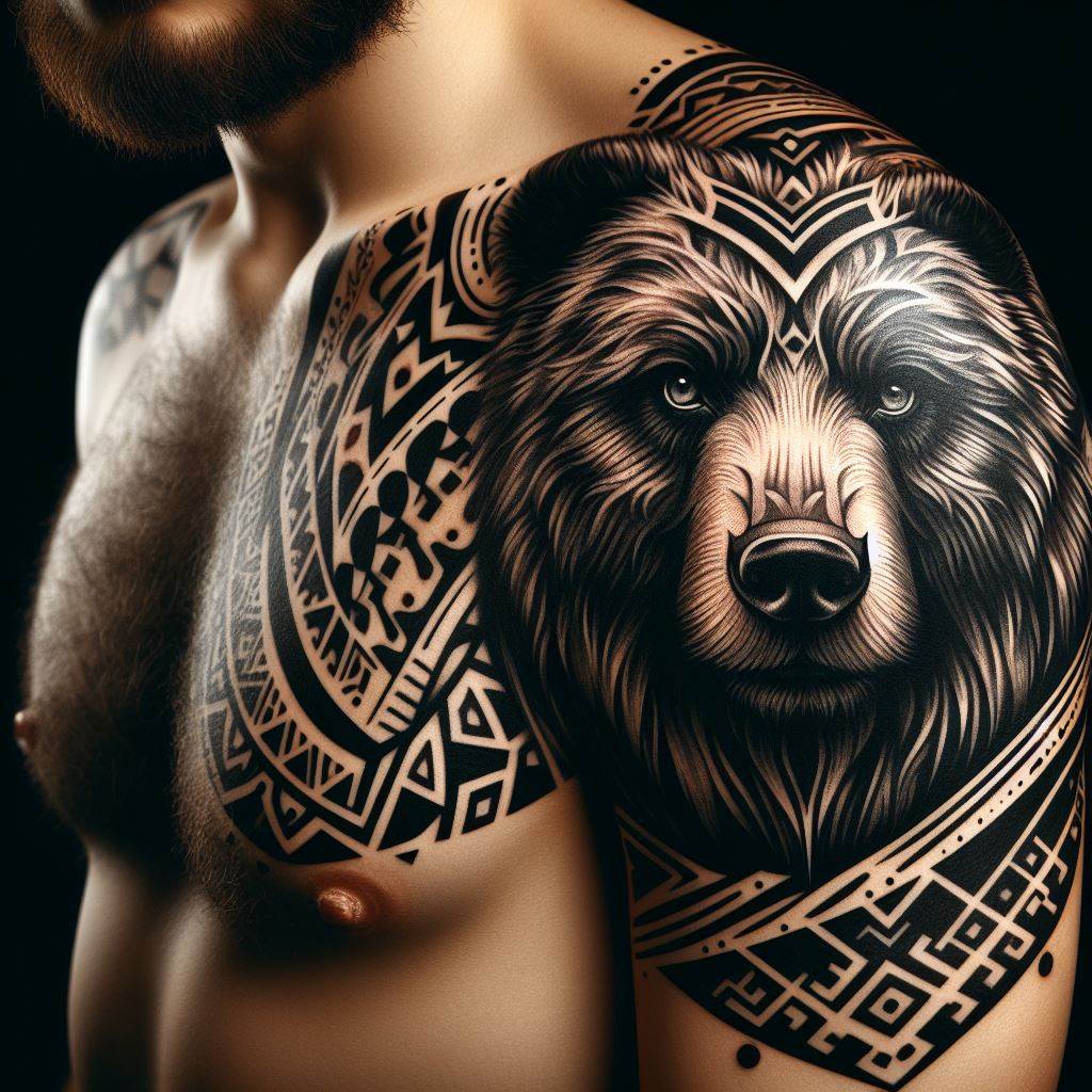A tattoo featuring a fierce bear's face on the shoulder, with its eyes full of wisdom and strength. The bear's fur merges seamlessly into tribal patterns that drape over the shoulder and upper arm, symbolizing courage and protection. The design utilizes bold lines and contrasting shadows to highlight the bear's features and the intricate tribal designs, creating a striking visual impact.