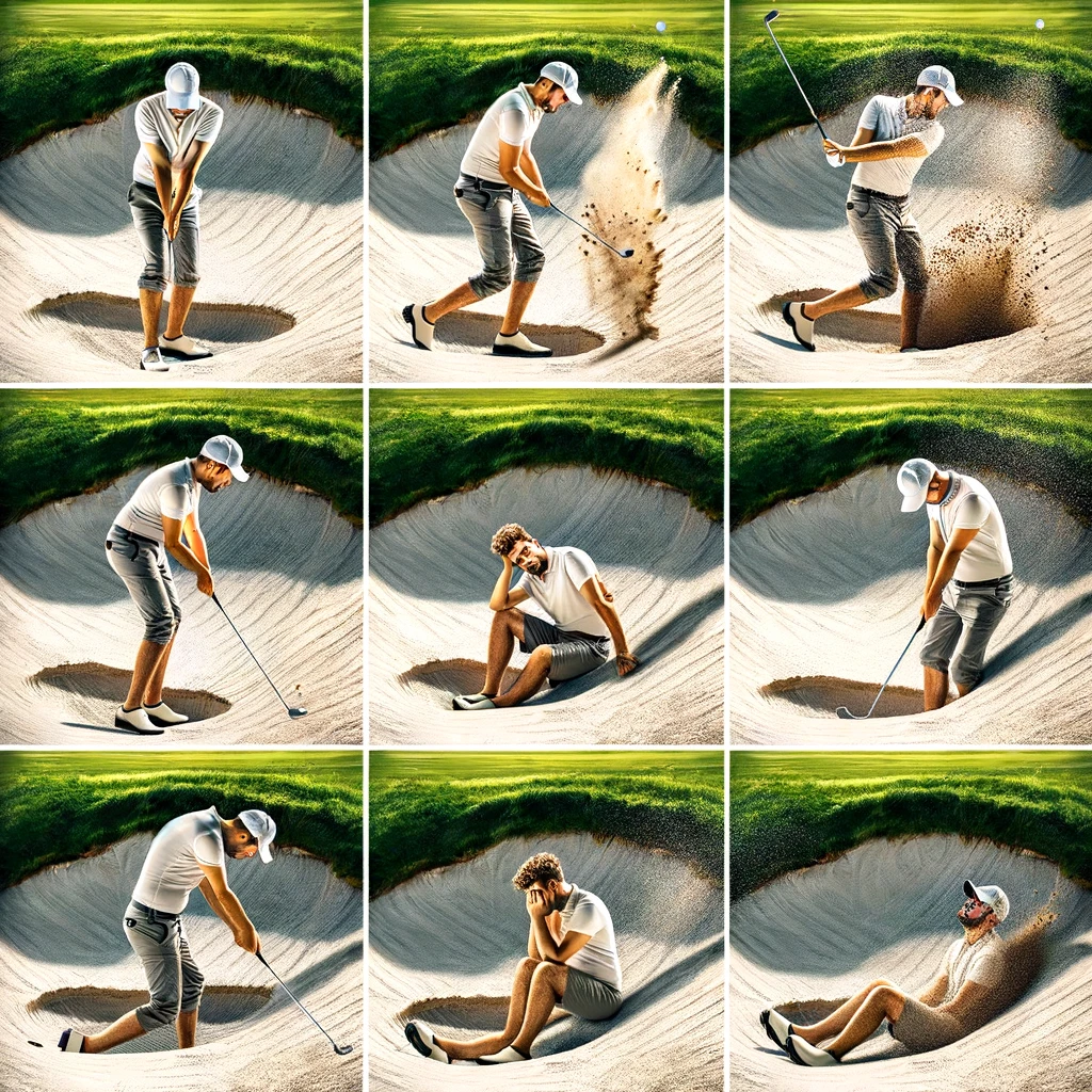 A series of images showing a golfer in a sand bunker, starting with a confident attempt to hit the ball out, progressing through increasingly frustrated swings, and ending with the golfer sitting dejectedly in the sand, contemplating their life choices. The sequence is humorously captioned: "From confidence to contemplation." Each image captures the escalating struggle and eventual resignation of the golfer, highlighting the comedic frustration that sand traps often provoke.