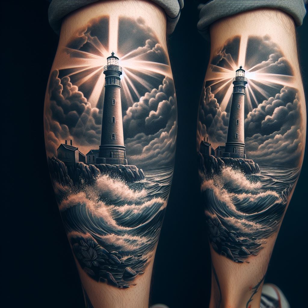 A calf tattoo, featuring a lighthouse standing firm on rocky shores, with waves crashing against the rocks and a beam of light cutting through a stormy sky. The lighthouse symbolizes guidance, hope, and the enduring strength of the loved one's presence in difficult times. The storm and calm seas should balance each other, representing the journey of grief and healing. The tattoo should be detailed, with the light from the lighthouse offering a focal point of hope.