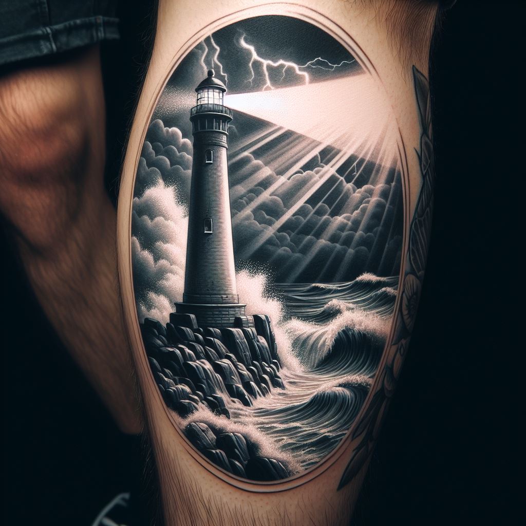 A calf tattoo, featuring a lighthouse standing firm on rocky shores, with waves crashing against the rocks and a beam of light cutting through a stormy sky. The lighthouse symbolizes guidance, hope, and the enduring strength of the loved one's presence in difficult times. The storm and calm seas should balance each other, representing the journey of grief and healing. The tattoo should be detailed, with the light from the lighthouse offering a focal point of hope.