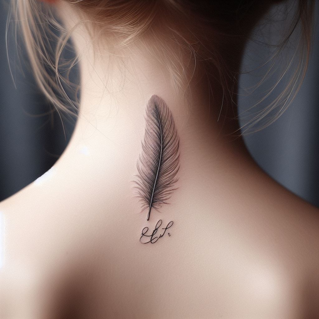 A subtle and elegant tattoo on the back of the neck, depicting a small, delicate feather that appears to be gently falling. The feather should have intricate details, with each strand symbolizing the lightness and freedom of the soul. At the base of the feather, include a tiny inscription of the loved one's name or initials in a graceful font. The tattoo should evoke a sense of peace and the transient nature of life.