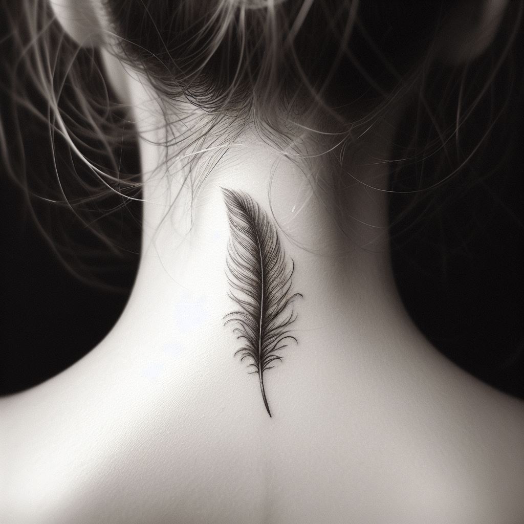 A subtle and elegant tattoo on the back of the neck, depicting a small, delicate feather that appears to be gently falling. The feather should have intricate details, with each strand symbolizing the lightness and freedom of the soul. At the base of the feather, include a tiny inscription of the loved one's name or initials in a graceful font. The tattoo should evoke a sense of peace and the transient nature of life.