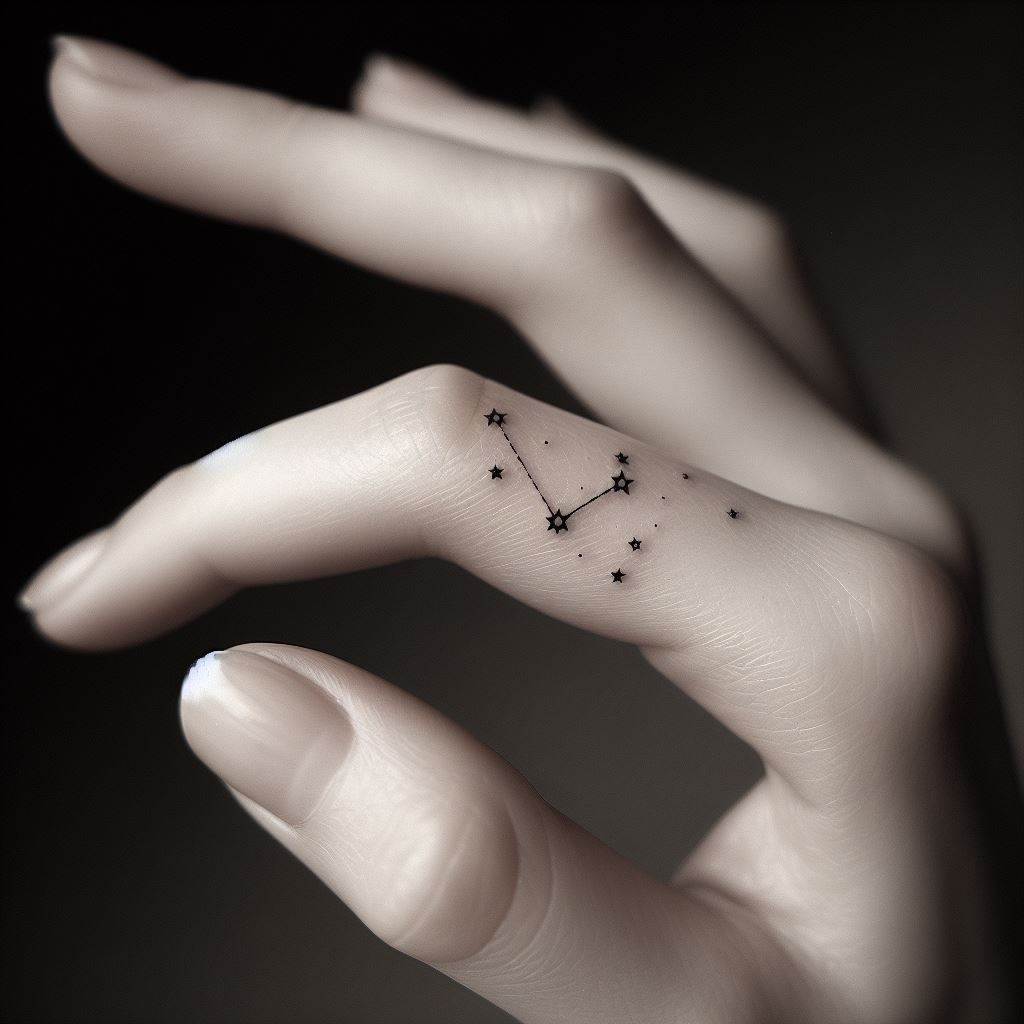 A minimalist and discreet finger tattoo, featuring a tiny constellation that holds personal significance to the loved one. Each star in the constellation should be a small, precise dot, connected by barely-there lines to form the celestial pattern. This tattoo symbolizes the idea that the loved one's spirit is as eternal and vast as the night sky, guiding and watching over from afar. The tattoo should be so delicate that it invites a closer look to appreciate its full meaning.