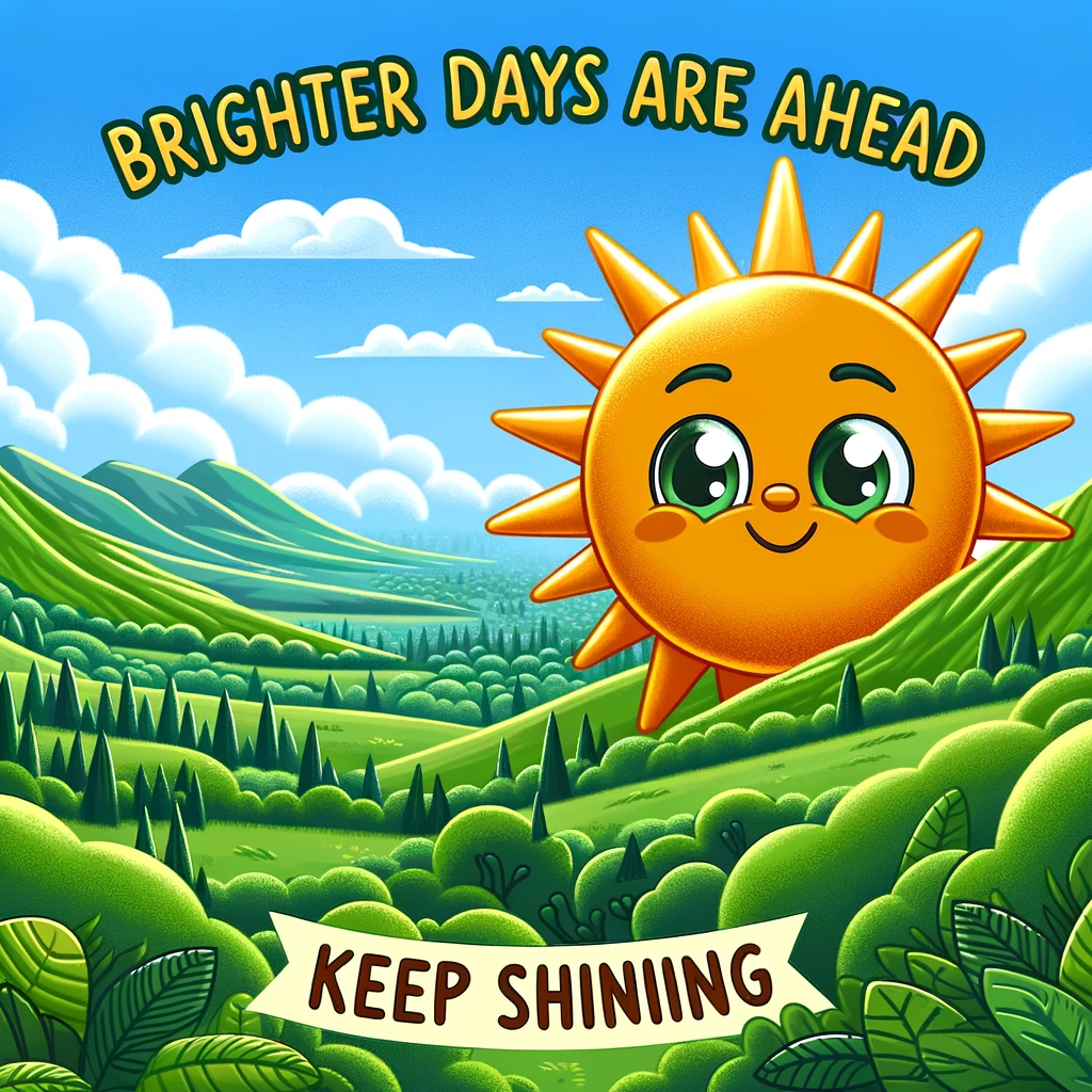A cartoon image of a sun shining brightly over a lush green landscape, with a happy face on the sun. Caption reads: "Brighter days are ahead, keep shining!"