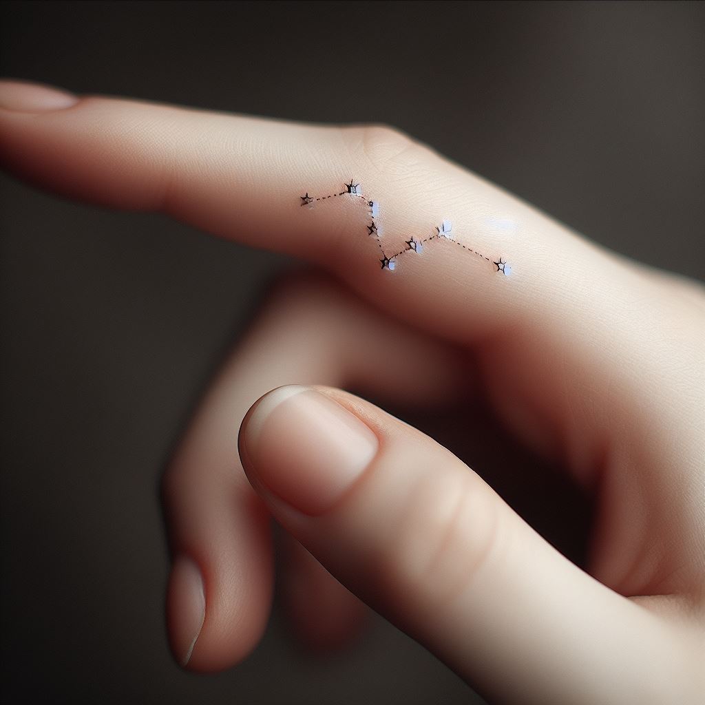 A minimalist and discreet finger tattoo, featuring a tiny constellation that holds personal significance to the loved one. Each star in the constellation should be a small, precise dot, connected by barely-there lines to form the celestial pattern. This tattoo symbolizes the idea that the loved one's spirit is as eternal and vast as the night sky, guiding and watching over from afar. The tattoo should be so delicate that it invites a closer look to appreciate its full meaning.