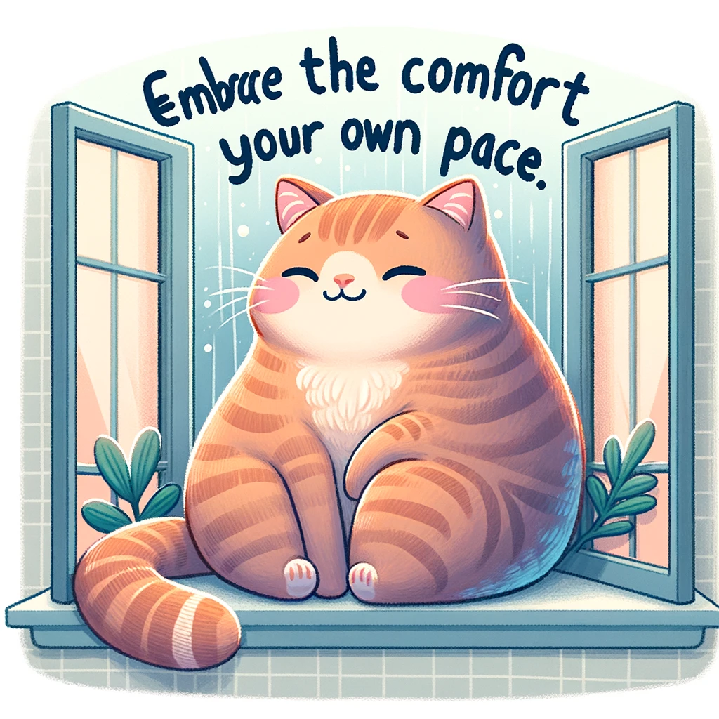 An illustration of a cute cat sitting comfortably in a window sill, looking outside. The cat has a content smile. Caption reads: "Embrace the comfort of your own pace."