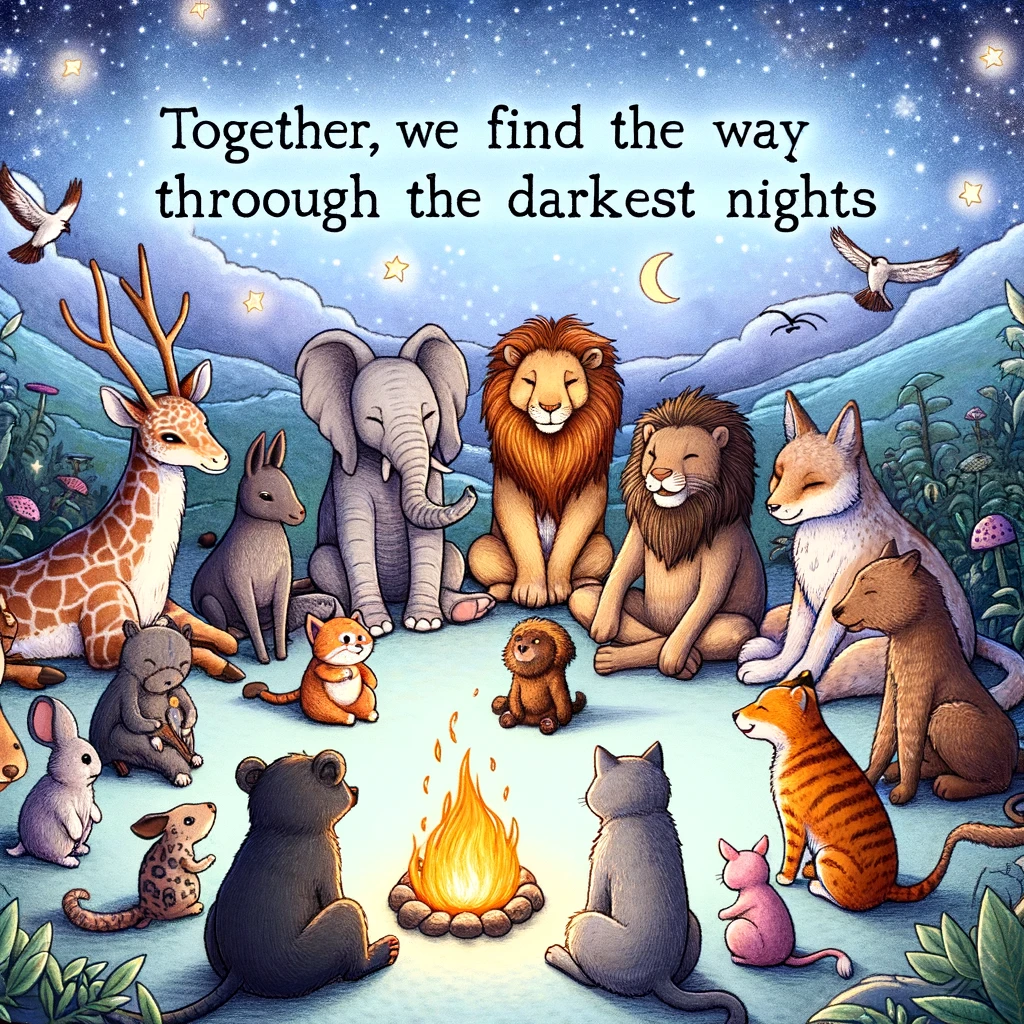 A digital drawing of a group of diverse animals gathered around a campfire under a starry sky, looking happy and at peace. Caption reads: "Together, we find our way through the darkest nights."