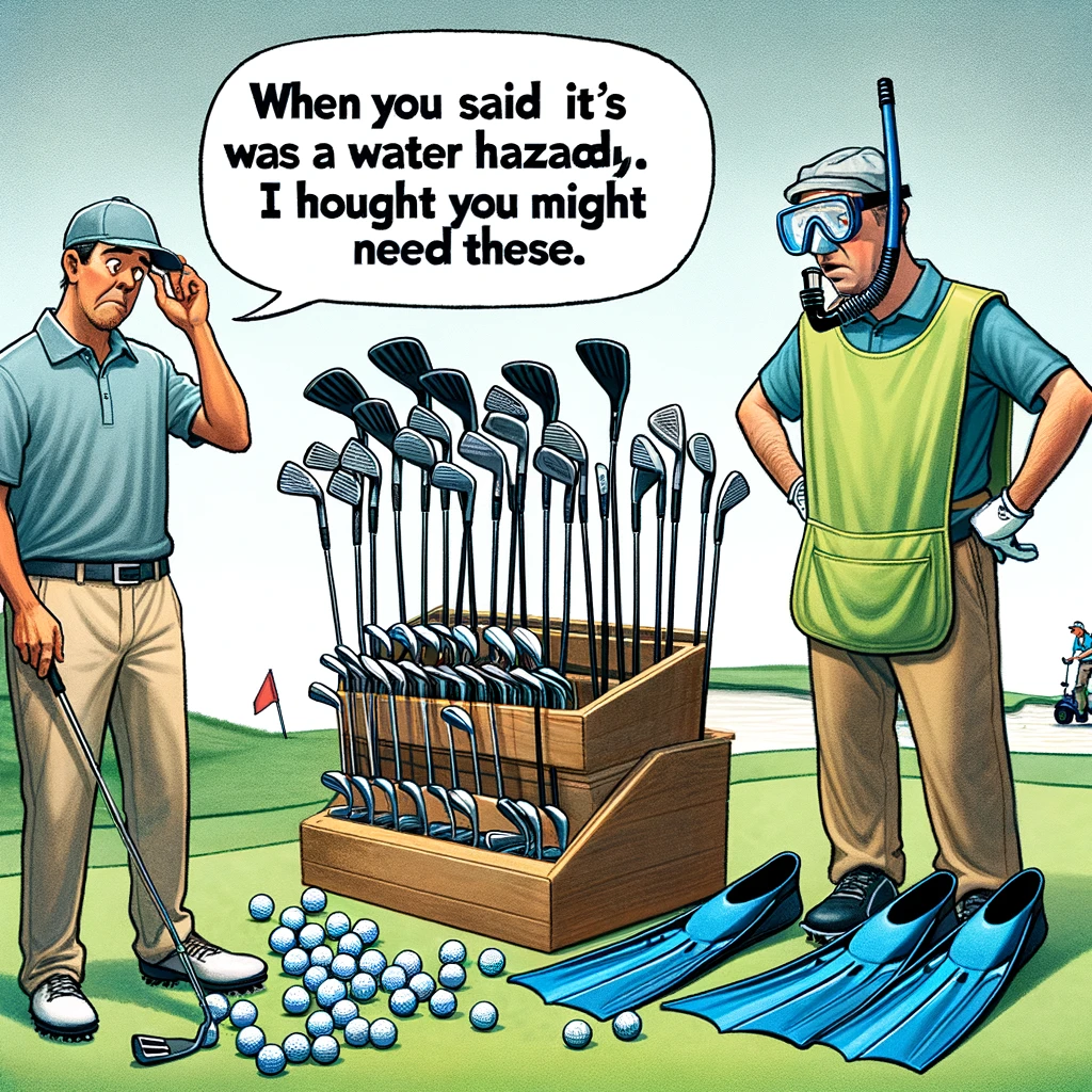 A golfer looks puzzled at an array of golf clubs laid out in front of them, while the caddie, aiming to be helpful, offers snorkel and fins instead, suggesting a humorous misunderstanding of the challenge posed by water hazards. The scene is captioned: "When you said it was a water hazard, I thought you might need these." This image plays on the humorous side of golf's difficulties, especially the unexpected obstacles and the creative solutions that might not always be practical on the course.