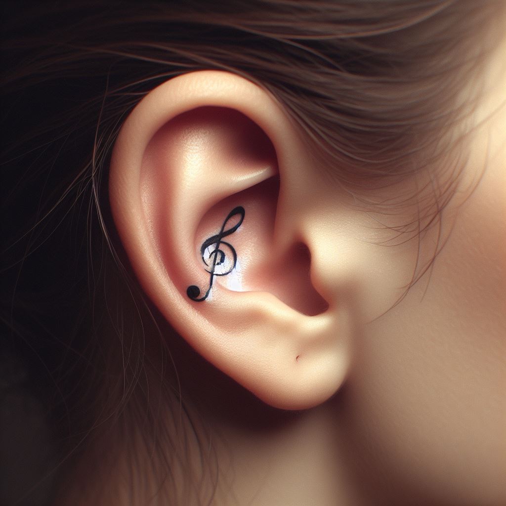A behind-the-ear tattoo that features a small, musical note or a short, simple melody line that holds personal significance. The musical element should be elegant and flowing, symbolizing the loved one's favorite song or the melody that best represents their life. This tattoo serves as a whisper of memory, a tune that can be 'heard' every time the wearer thinks of their loved one. The design should be sleek and unobtrusive, yet carry a powerful emotional resonance.