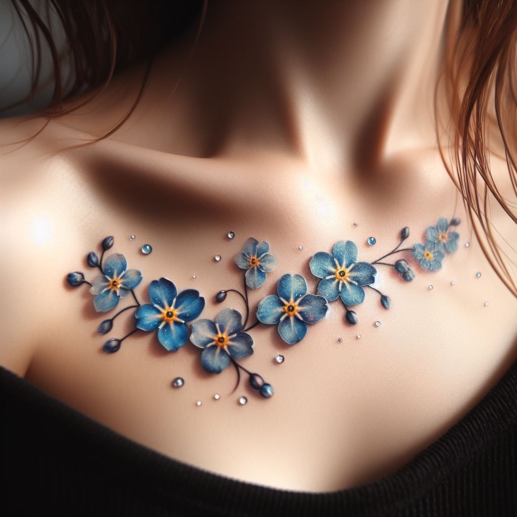 A graceful tattoo along the collarbone, featuring a delicate chain of forget-me-not flowers, symbolizing true love and memories that never fade. Intersperse the flowers with small, glistening dewdrops that catch the light, representing tears of remembrance and joy. Each bloom should be detailed and vibrant, with soft shades of blue and yellow centers, subtly blending into the skin to create an ethereal effect that whispers of undying affection and remembrance.