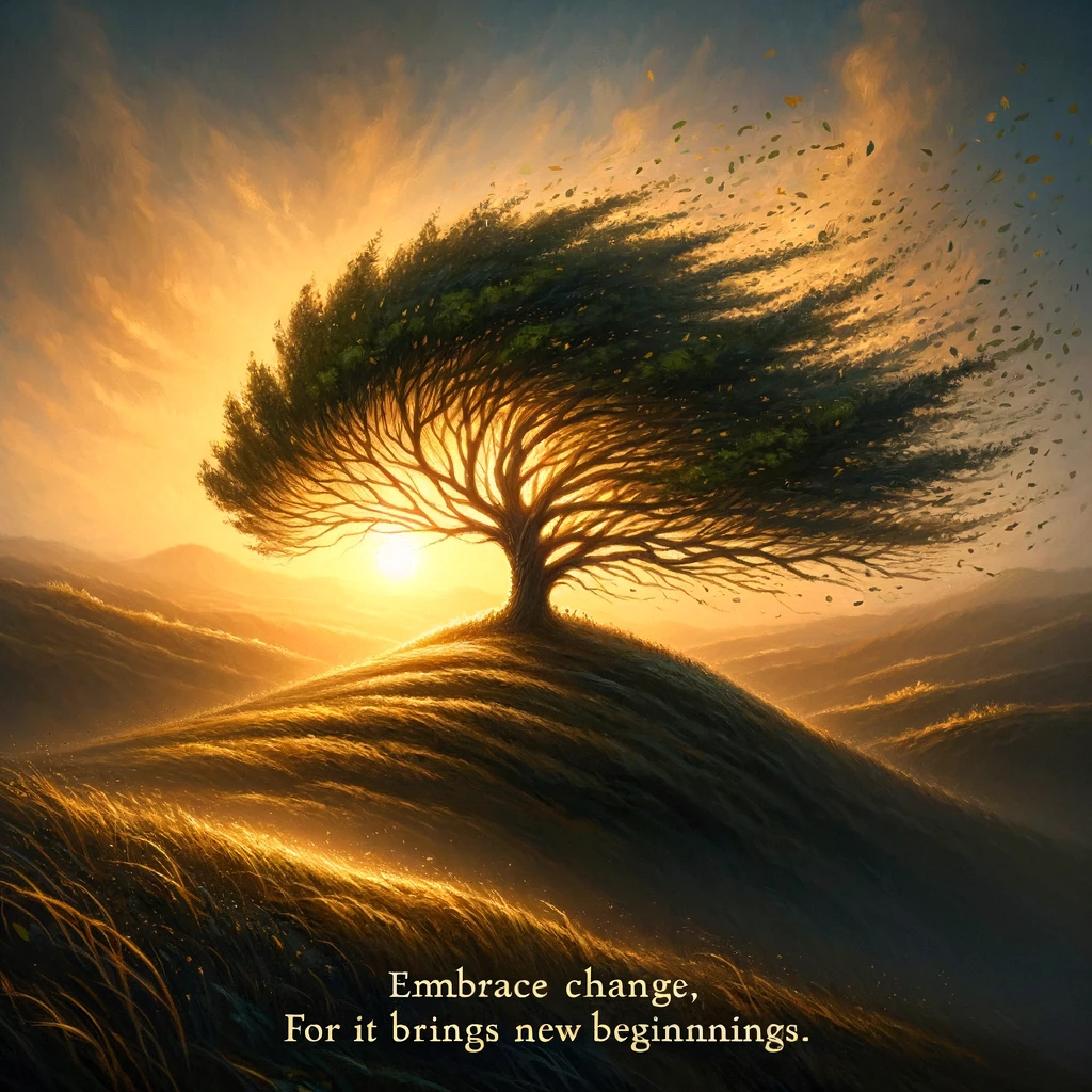 A serene digital painting of a lone tree on a hill, with leaves swirling in the wind. The scenery is bathed in the golden light of dawn. Caption reads: "Embrace change, for it brings new beginnings."
