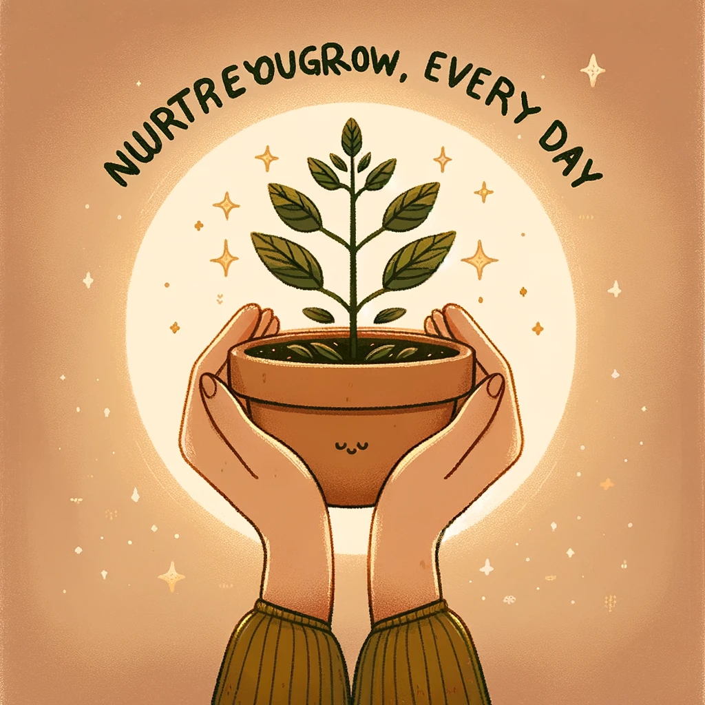 A heartwarming illustration of a small plant growing in a pot, with two hands gently supporting it from the sides. The background is a soft, warm light. Caption reads: "Nurture your growth, every day."