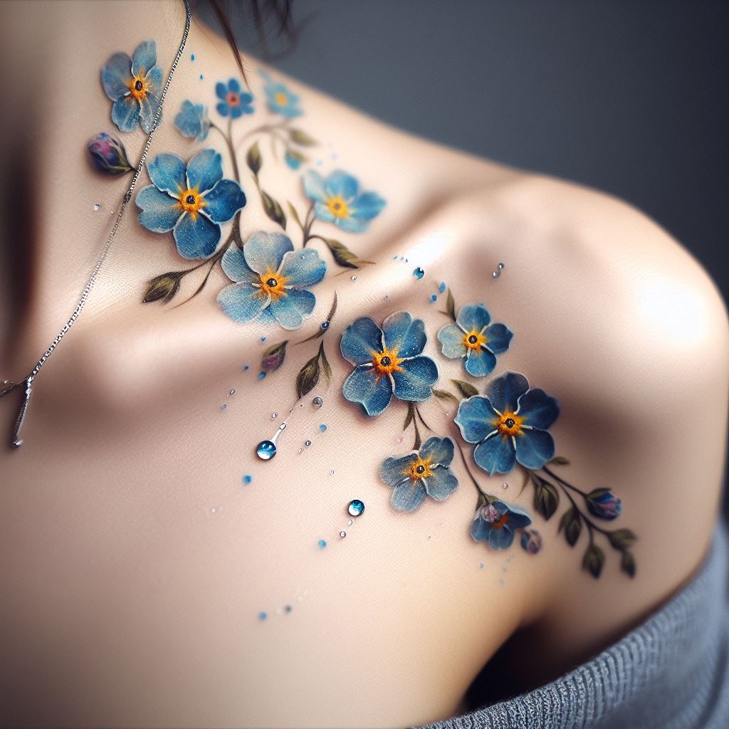 A graceful tattoo along the collarbone, featuring a delicate chain of forget-me-not flowers, symbolizing true love and memories that never fade. Intersperse the flowers with small, glistening dewdrops that catch the light, representing tears of remembrance and joy. Each bloom should be detailed and vibrant, with soft shades of blue and yellow centers, subtly blending into the skin to create an ethereal effect that whispers of undying affection and remembrance.