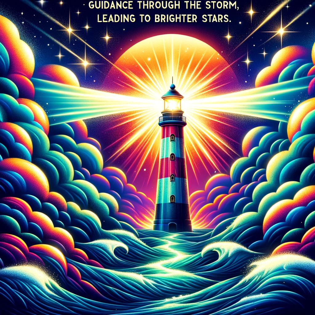 A vibrant illustration of a lighthouse shining its light across a stormy sea, symbolizing guidance and hope. The stormy clouds are parting, revealing a starry night sky. Caption reads: "Guidance through the storm, leading to brighter stars."