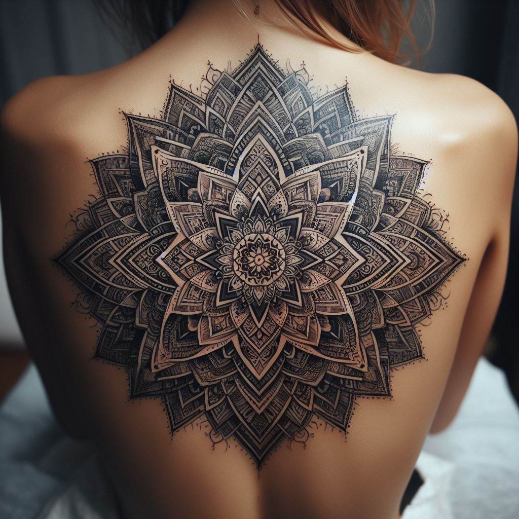 A lower back tattoo that depicts an intricate mandala, incorporating symbols and elements that were meaningful to the loved one. The mandala should be a complex and beautiful geometric pattern, symbolizing the universe and the cycle of life, with specific motifs like stars, leaves, or waves that hold personal significance. The design should be symmetrical, offering a sense of balance and harmony, with a central focus that draws the eye inward, inviting reflection and meditation.