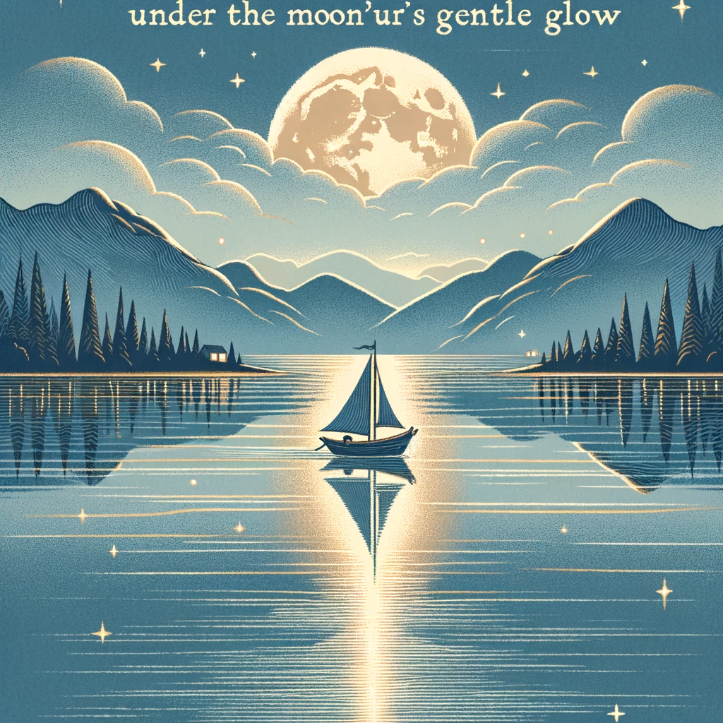 A charming illustration of a small boat sailing on a calm lake under a moonlit sky, surrounded by mountains. The reflection of the moon creates a path on the water. Caption reads: "Sailing towards peace, under the moon's gentle glow."