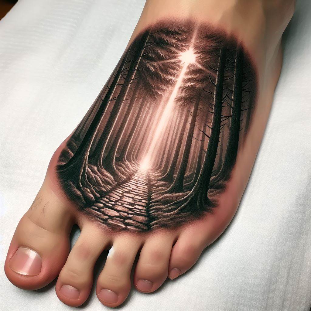 A foot tattoo featuring a path winding through a forest, leading to a small, clear opening where a single beam of sunlight breaks through the canopy. This scene should symbolize the journey of life and the light of the loved one guiding the way. The tattoo should be detailed, with textured trees and a realistic forest floor, creating a sense of movement and depth that encourages the wearer to walk forward with hope and remembrance.