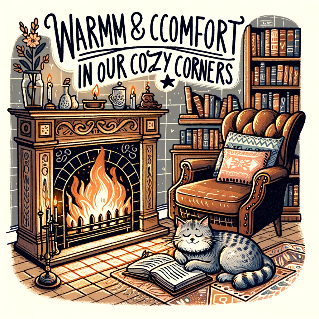 A cozy illustration of a fireplace with a roaring fire, surrounded by books and a comfortable chair. A cat is sleeping peacefully in front of the fire. Caption reads: "Warmth and comfort in our cozy corners."