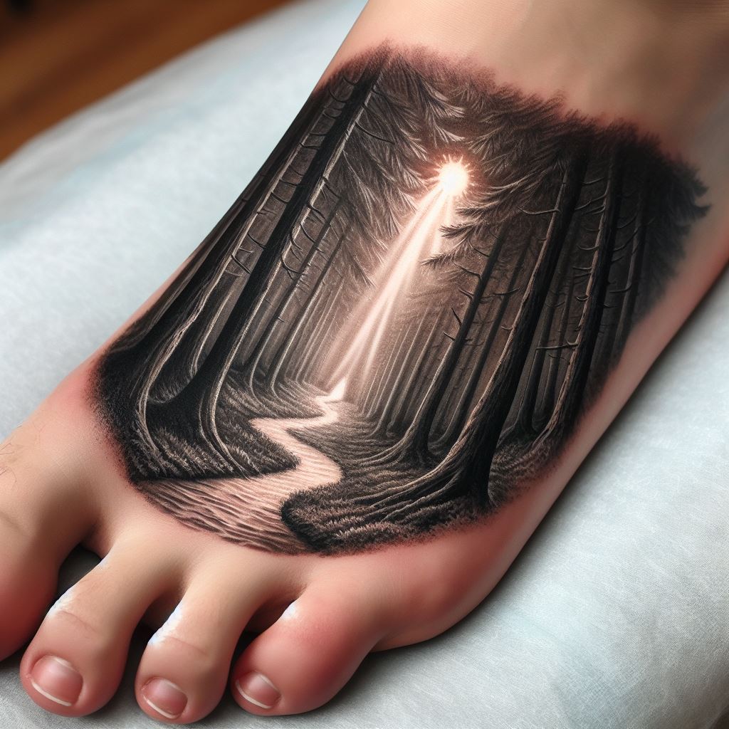 A foot tattoo featuring a path winding through a forest, leading to a small, clear opening where a single beam of sunlight breaks through the canopy. This scene should symbolize the journey of life and the light of the loved one guiding the way. The tattoo should be detailed, with textured trees and a realistic forest floor, creating a sense of movement and depth that encourages the wearer to walk forward with hope and remembrance.