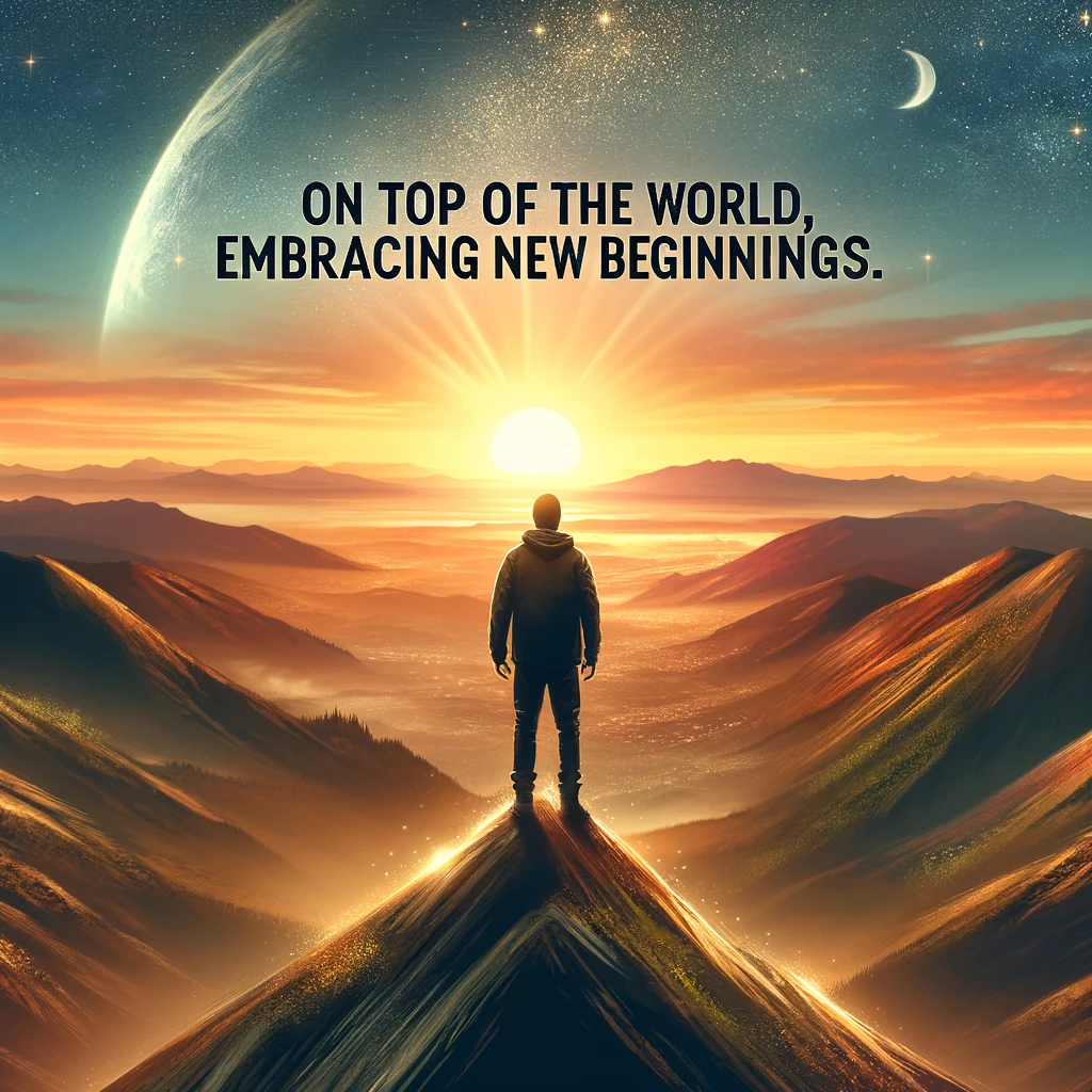 A digital art of a person standing on top of a mountain, overlooking a vast landscape at sunrise, symbolizing achievement and new horizons. Caption reads: "On top of the world, embracing new beginnings."