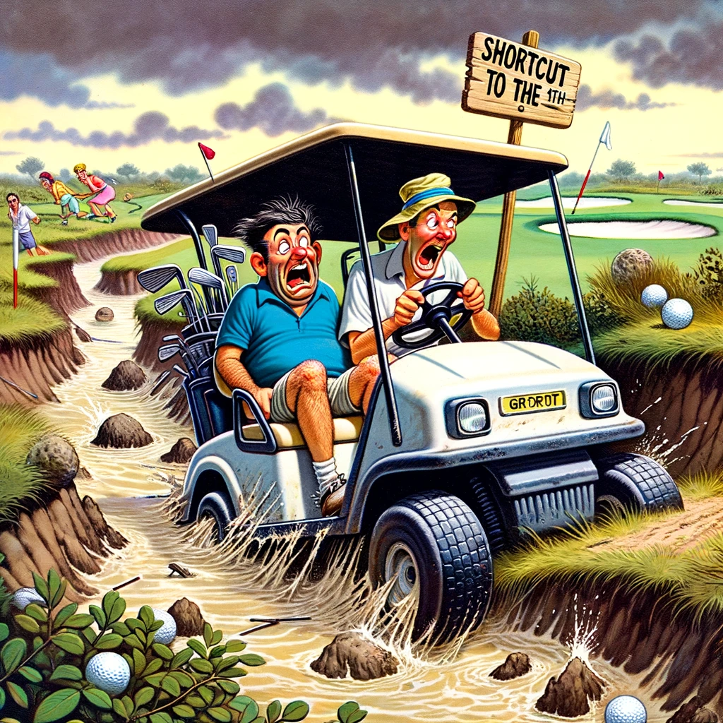 A humorous scene depicting a wild ride in a golf cart, veering off the path through rough terrain, bushes, and small bodies of water. The golfer and caddie are holding on for dear life, with expressions of mixed thrill and terror. This adventurous shortcut is captioned: "Shortcut to the 18th hole." The image captures the comedic mishap of taking a golf cart on an unintended off-road adventure, emphasizing the unpredictability and fun mishaps that can occur on the golf course.