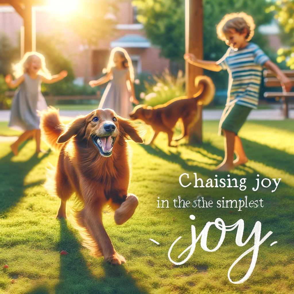A playful scene of a dog chasing its tail in a sunny park, with children laughing in the background. The atmosphere is joyful and carefree. Caption reads: "Chasing joy in the simplest moments."