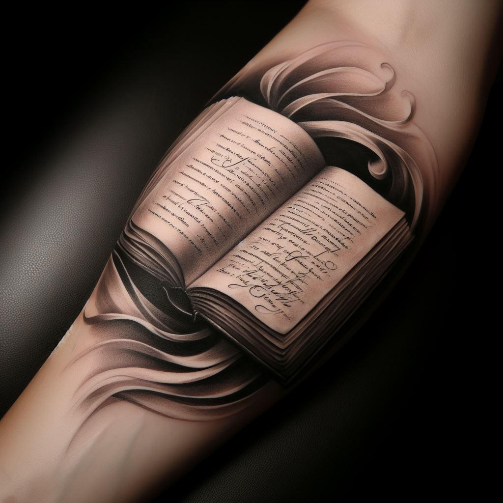 An inner arm tattoo that captures a realistic, open book with pages softly turning in an unseen breeze. On the visible page, script a favorite quote or passage that was significant to the loved one, with elegant, flowing handwriting. The book symbolizes the stories shared, the lessons learned, and the chapters of life lived together. The tattoo should be rendered in soft black and grey tones, highlighting the texture of the paper and the depth of the words, creating a personal and intimate memorial.