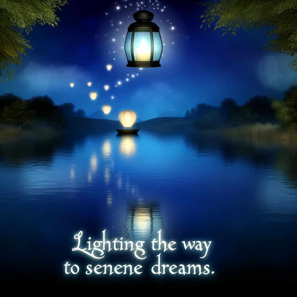 A magical illustration of a lantern floating above a calm lake at night, illuminating the water and the surrounding nature. The scene is enchanting and peaceful. Caption reads: "Lighting the way to serene dreams."