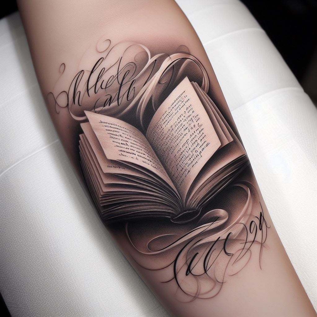 An inner arm tattoo that captures a realistic, open book with pages softly turning in an unseen breeze. On the visible page, script a favorite quote or passage that was significant to the loved one, with elegant, flowing handwriting. The book symbolizes the stories shared, the lessons learned, and the chapters of life lived together. The tattoo should be rendered in soft black and grey tones, highlighting the texture of the paper and the depth of the words, creating a personal and intimate memorial.