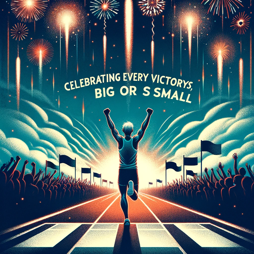 A motivational illustration of a runner at the finish line, raising their arms in victory under a sky filled with fireworks. The atmosphere is exhilarating and triumphant. Caption reads: "Celebrating every victory, big or small."