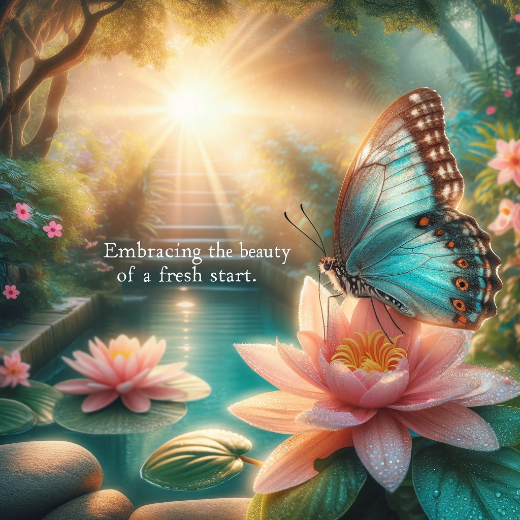 A tranquil scene of a butterfly resting on a blooming flower in a lush garden, symbolizing renewal and the beauty of nature. The colors are vibrant, showcasing the harmony of life. Caption reads: "Embracing the beauty of a fresh start."