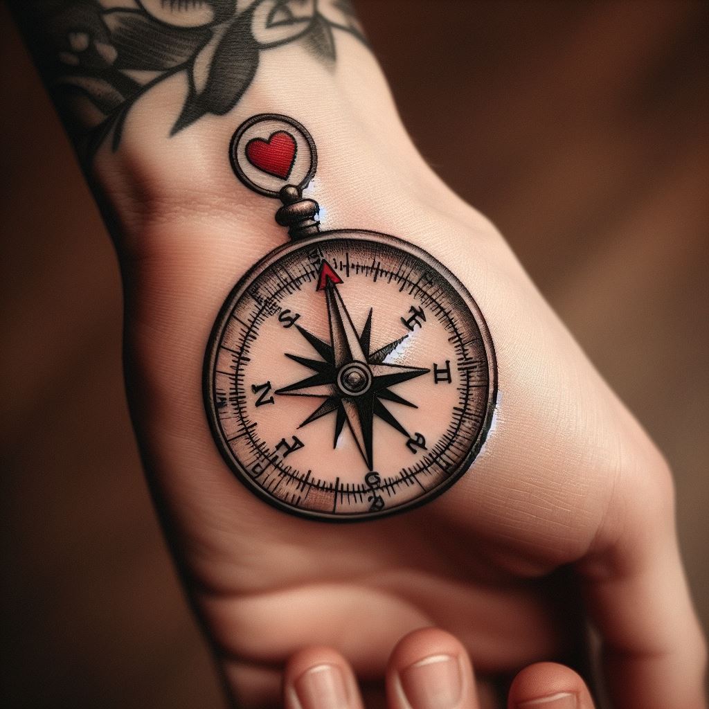 A side of the hand tattoo, depicting a small, but vividly detailed compass, with its needle pointing towards a tiny heart instead of the traditional north. The compass symbolizes guidance, the journey of life, and the direction of love, indicating that the loved one's influence continues to guide and inspire. The tattoo should be compact, with clear lines and a pop of red for the heart, standing as a constant reminder of the paths walked together and the love that remains.