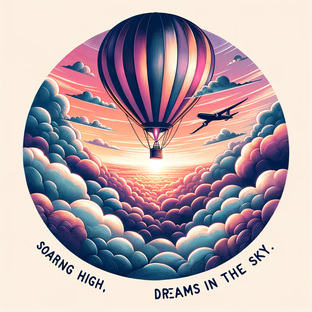 A captivating illustration of a hot air balloon floating above the clouds at sunset, symbolizing adventure and the pursuit of dreams. The sky is a blend of orange, pink, and purple hues, adding to the dreamy atmosphere. Caption reads: "Soaring high, chasing dreams in the sky."