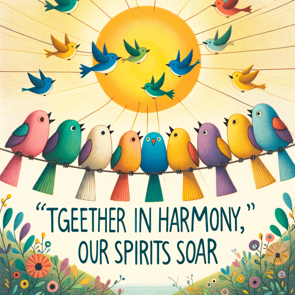 A whimsical illustration of a group of colorful birds perched on a wire, singing together at sunrise. The scene is cheerful and full of life, symbolizing community and harmony. Caption reads: "Together in harmony, our spirits soar."