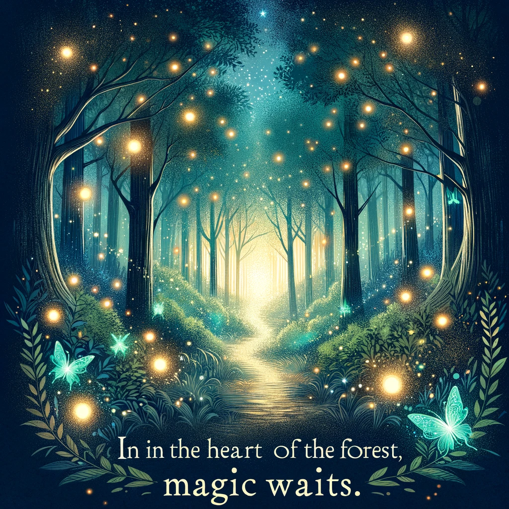 An enchanting illustration of a mystical forest at night, with glowing fireflies illuminating the path. The atmosphere is magical and serene, inviting exploration and wonder. Caption reads: "In the heart of the forest, magic awaits."