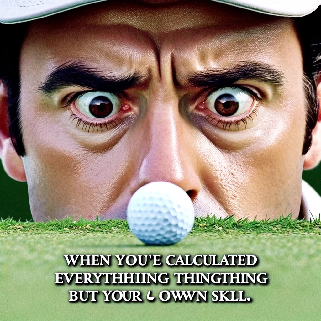 A close-up of a golfer's face, showing intense concentration and focus, with the golf hole just inches away from the ball. The tension of the moment is palpable, humorously juxtaposed with a caption that reads: "When you've calculated everything but your own skill." This image captures the all-too-common moment of truth on the green, where confidence meets the reality of execution, highlighting the humorous side of golf's challenges.