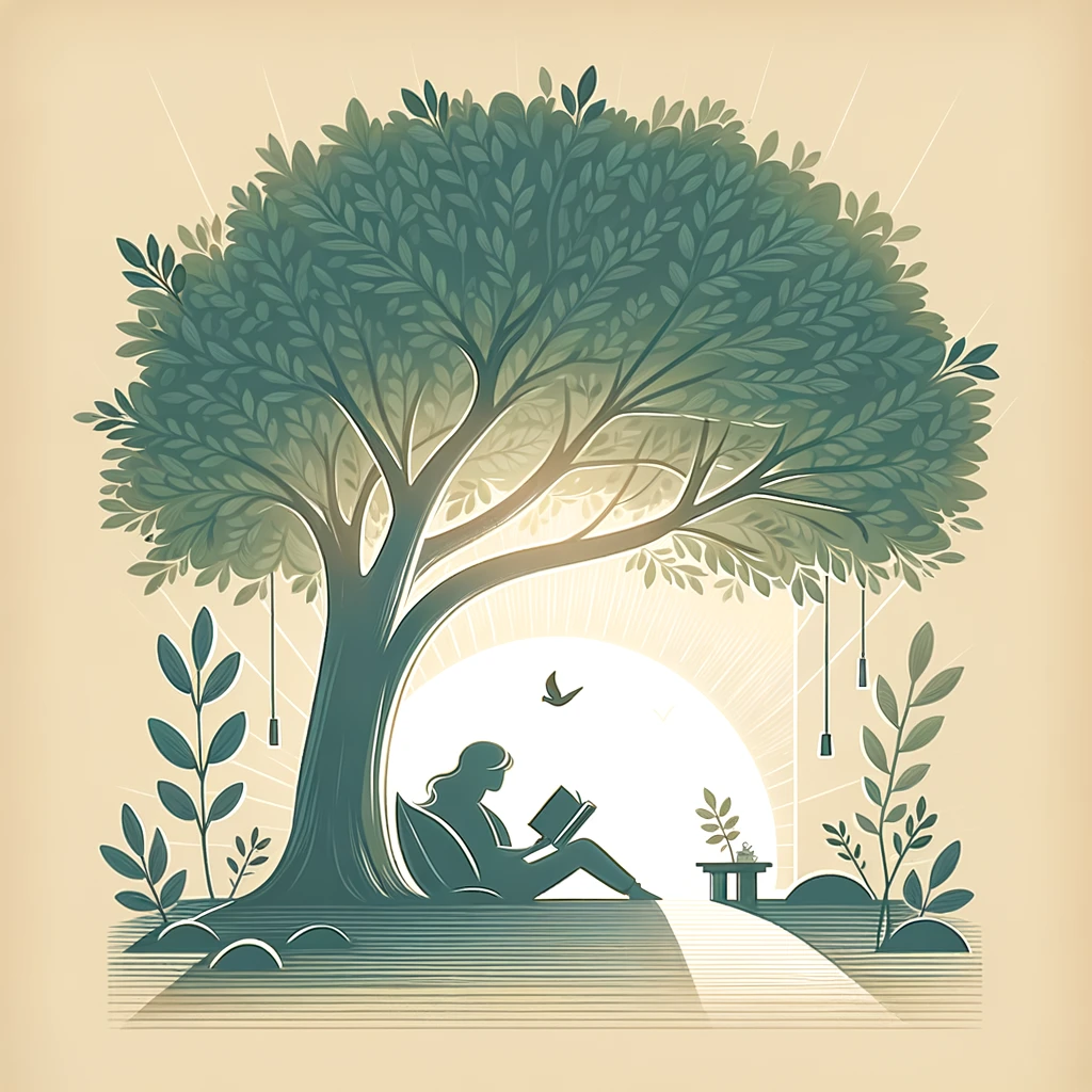 A soothing illustration of a person reading a book under a large tree, with soft sunlight filtering through the leaves. The scene is calm and peaceful, ideal for reflection and relaxation. Caption reads: "Lost in a world of books, finding peace under the shade."