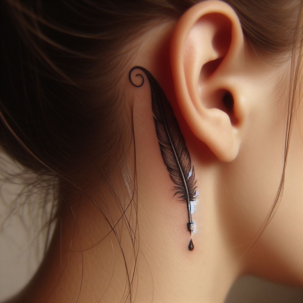 A small, elegant tattoo just behind the ear, featuring a single, detailed quill pen with a drop of ink poised to fall from its tip. The quill represents the stories, wisdom, and words of love shared by the loved one, with the drop of ink symbolizing the impact of those words on the world and the lives they touched. The tattoo should be simple but meaningful, with the quill delicately curving to complement the natural lines of the ear and neck, offering a discreet but powerful tribute.