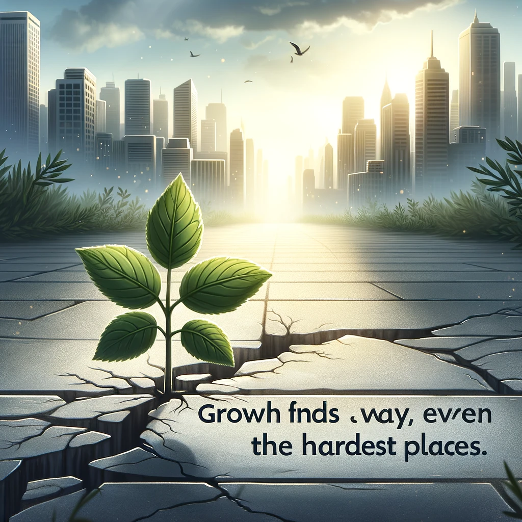 An inspiring illustration of a small sapling growing from a crack in an urban environment, symbolizing hope and resilience amidst adversity. The background features a cityscape with soft light. Caption reads: "Growth finds a way, even in the hardest places."
