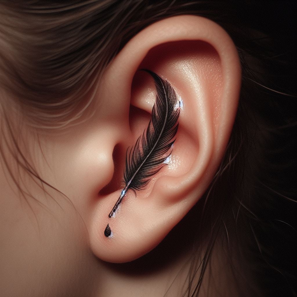 A small, elegant tattoo just behind the ear, featuring a single, detailed quill pen with a drop of ink poised to fall from its tip. The quill represents the stories, wisdom, and words of love shared by the loved one, with the drop of ink symbolizing the impact of those words on the world and the lives they touched. The tattoo should be simple but meaningful, with the quill delicately curving to complement the natural lines of the ear and neck, offering a discreet but powerful tribute.